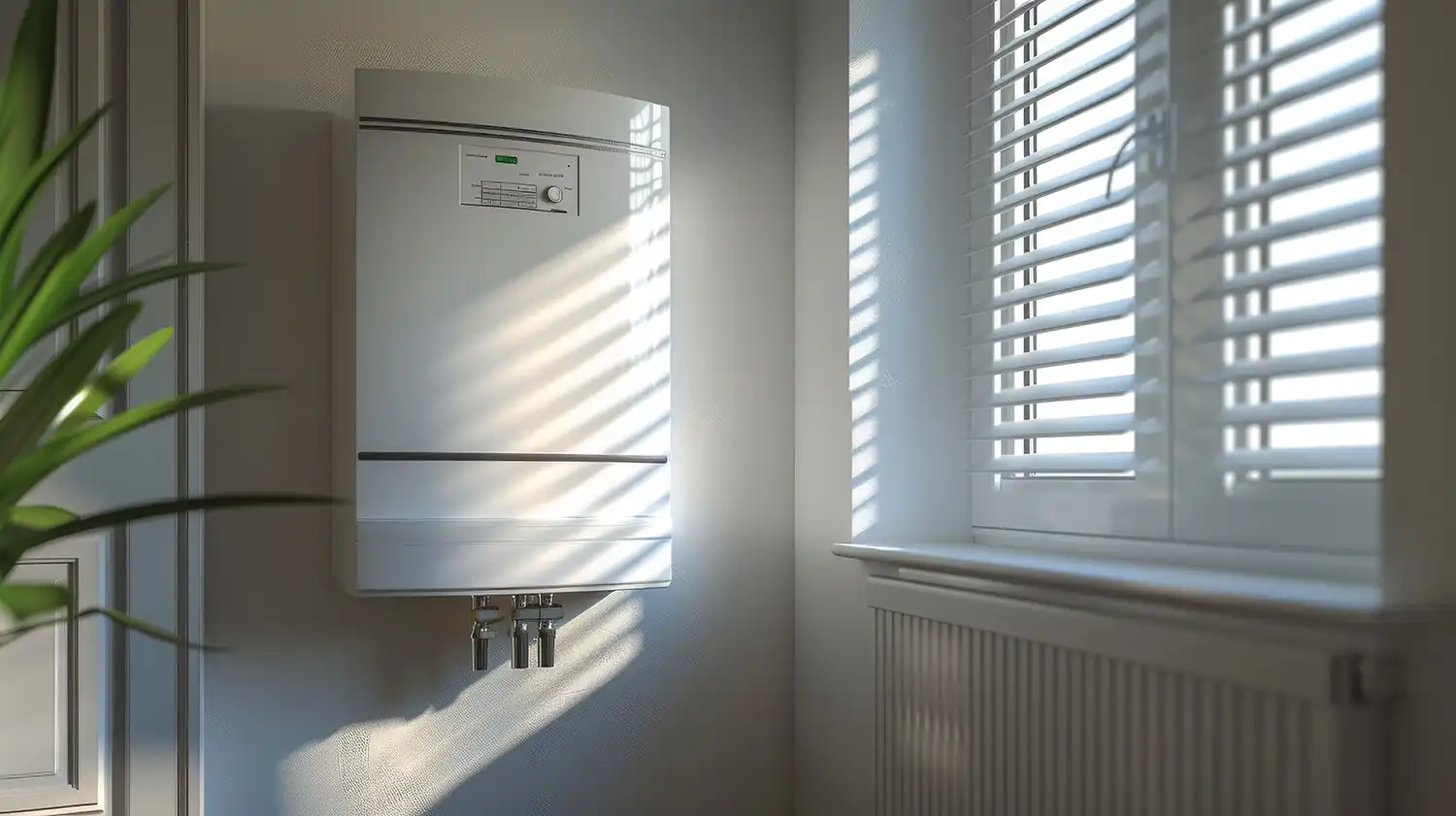 boiler on the wall next to a venetian blind